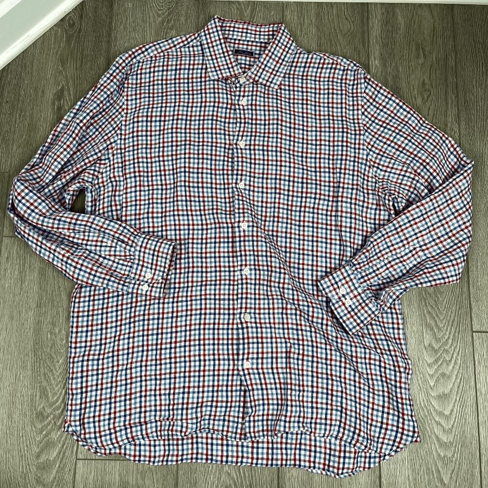 Tom James 100% Linen Button Down Shirt Red White Blue Gingham Plaid Size XXL‎